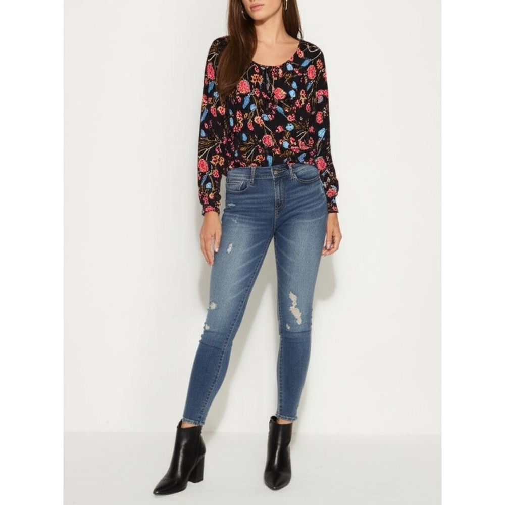 Hype Black Multi Floral Long Sleeve‎ Smocked Hem Boho Blouse Large